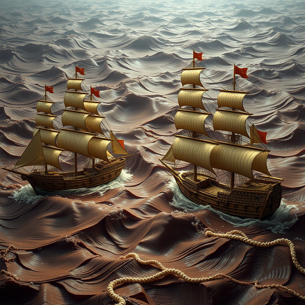 Walnut Ships Duel on Chocolate Sea, Digital Matte Painting