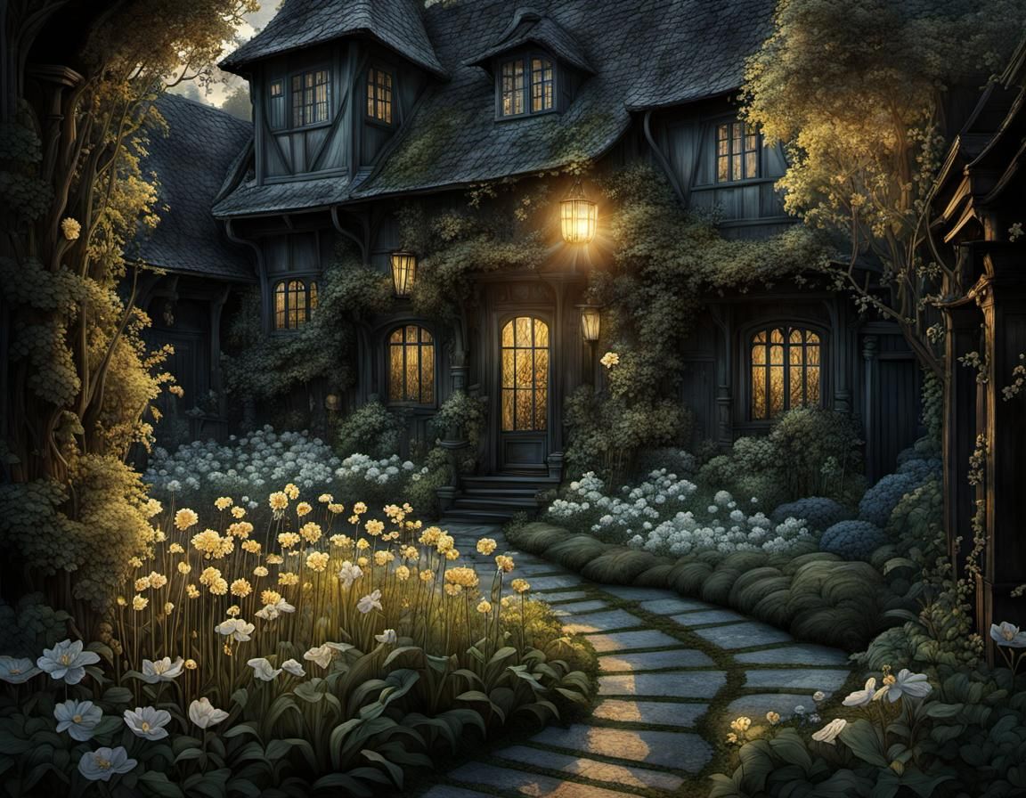 Whimsical Garden Scene in a Dark Alleyway