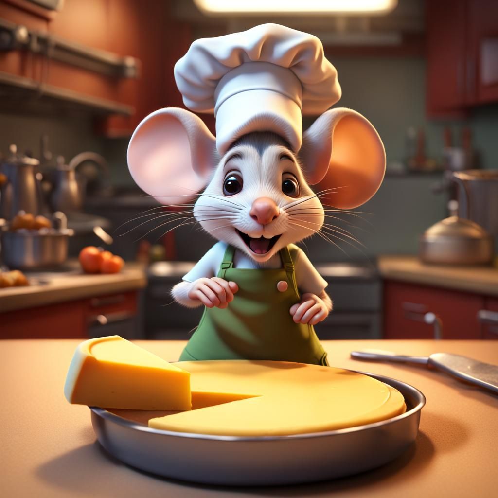 Mouse Chef Enjoying Cheese Pie: 3D Digital Art
