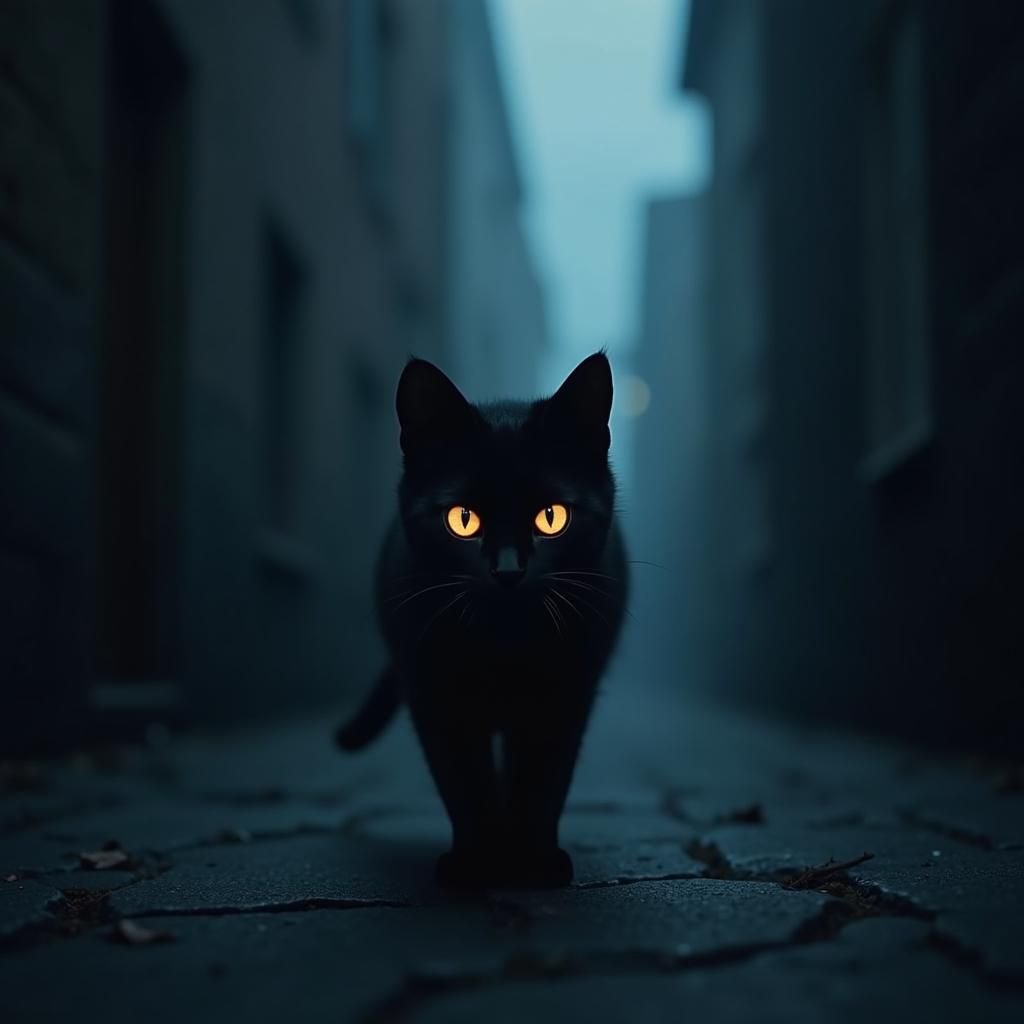 Luminous-Eyed Black Cat in Misty Alley
