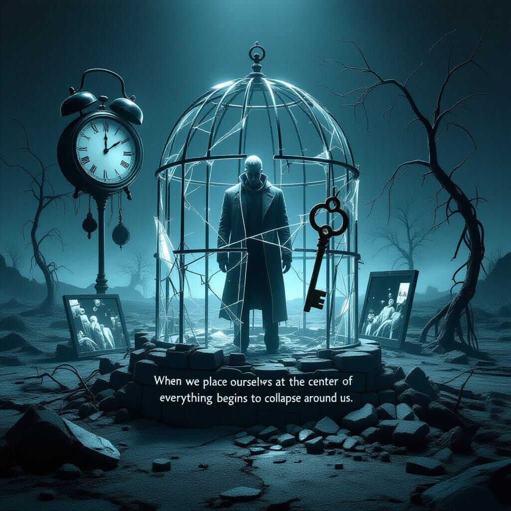 Fragile Man in Desolate Landscape: A Surrealist Oil Painting