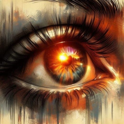 Eye with Sunset Reflection in Vibrant Impressionist Style