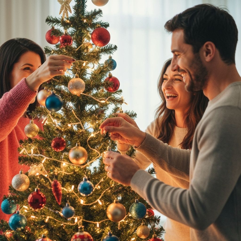 Joyful Family Decorating Christmas Tree in Cinematic Photo S...