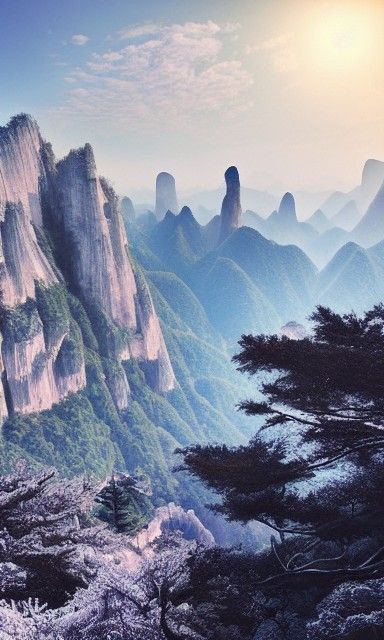 Huashan National Park Vista in Ink Wash Style