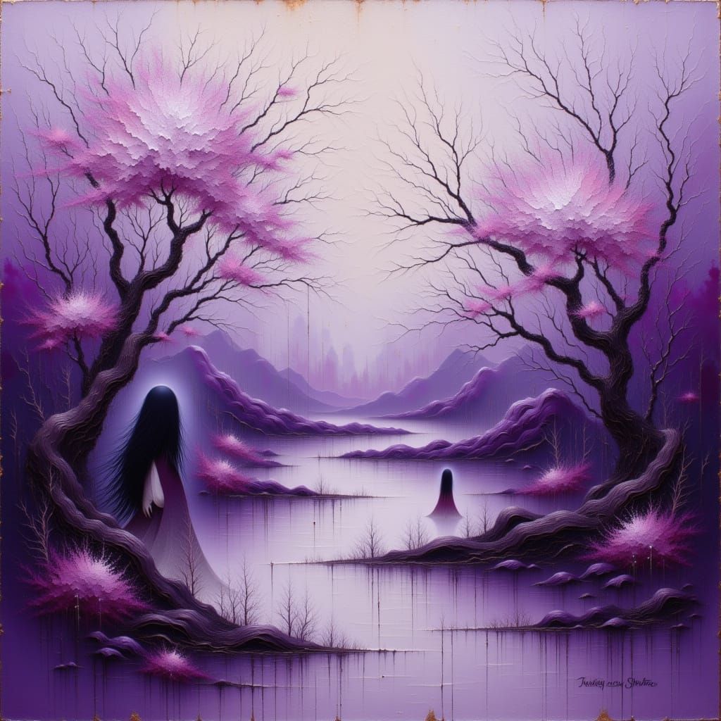 Ethereal Landscape in Plum and Lavender as Impasto Painting