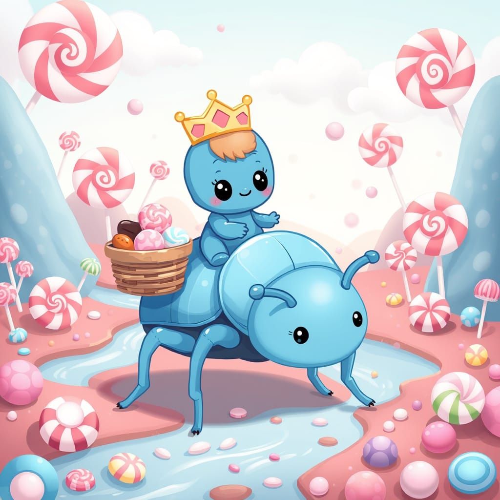 Blue Prince Rides Beetle in Kawaii Candy Land