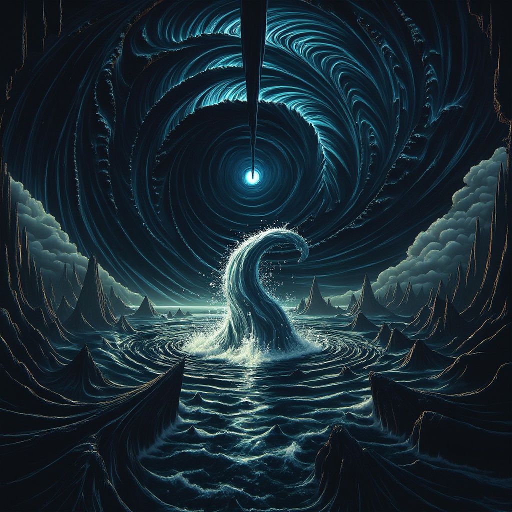 Surreal Black Water Vortex in Dark Cave Matte Painting