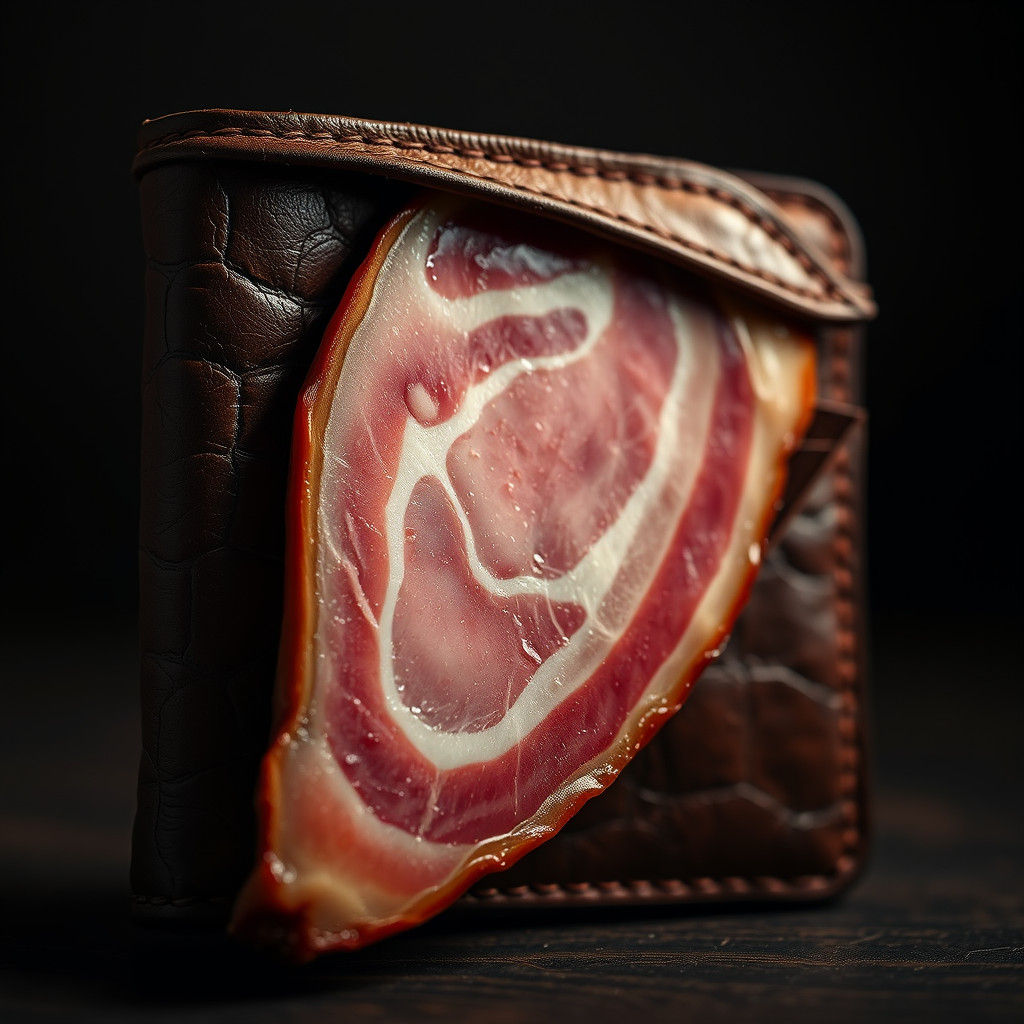 Ham Slice in Leather Wallet: Hyperrealistic Still Life