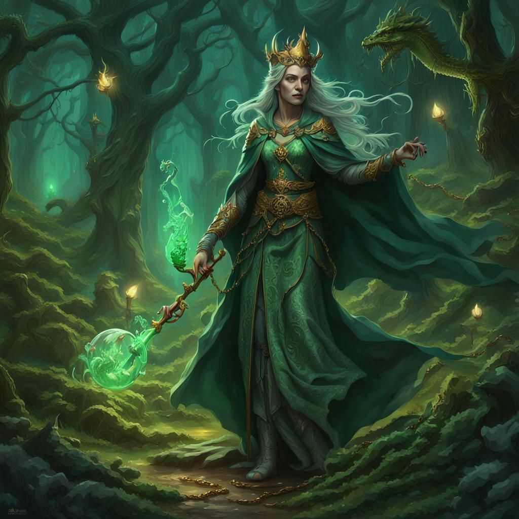 Elven Witch in Forest with Dragon Staff