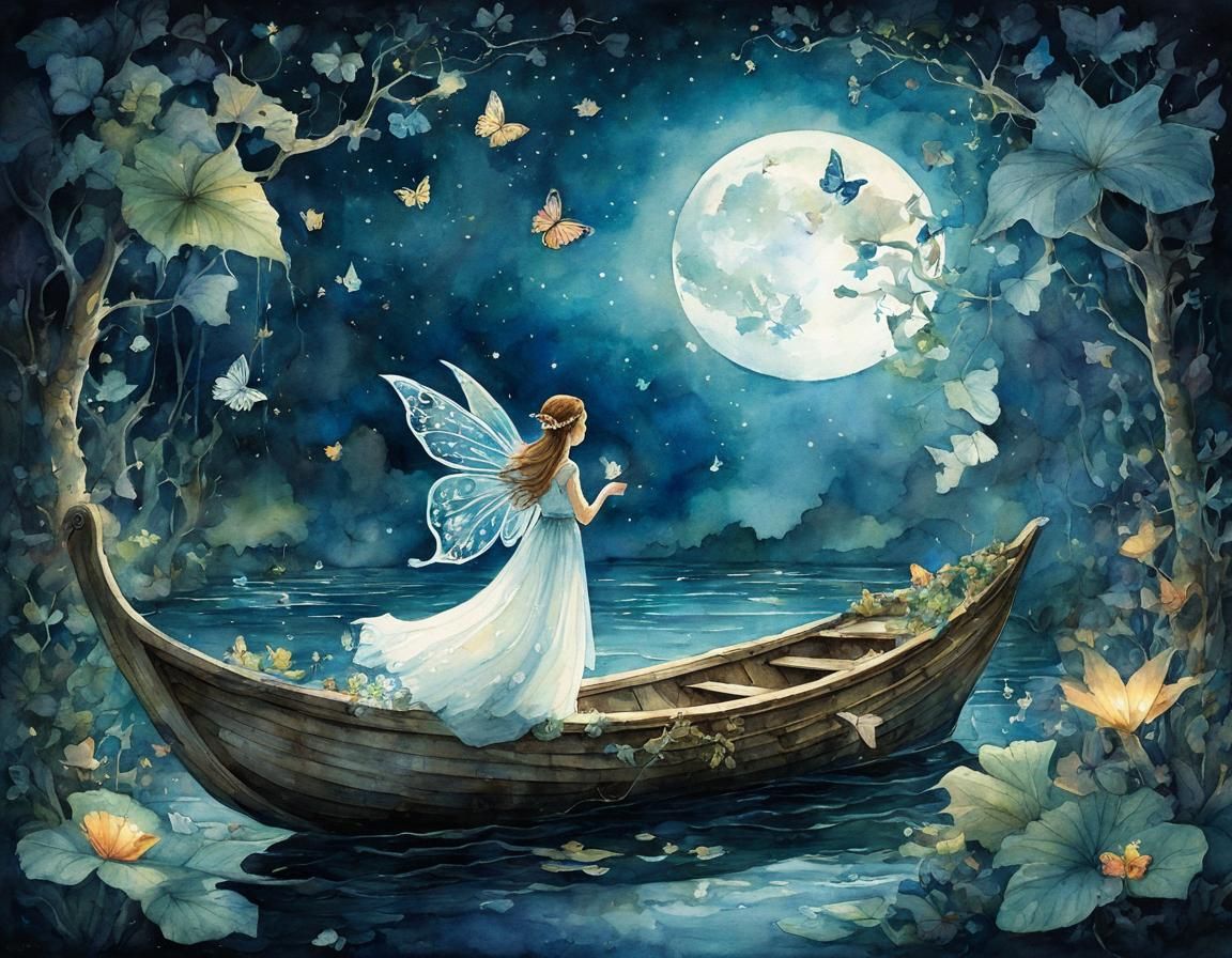 Watercolor Fairy Tale Scene with Leaf Boat