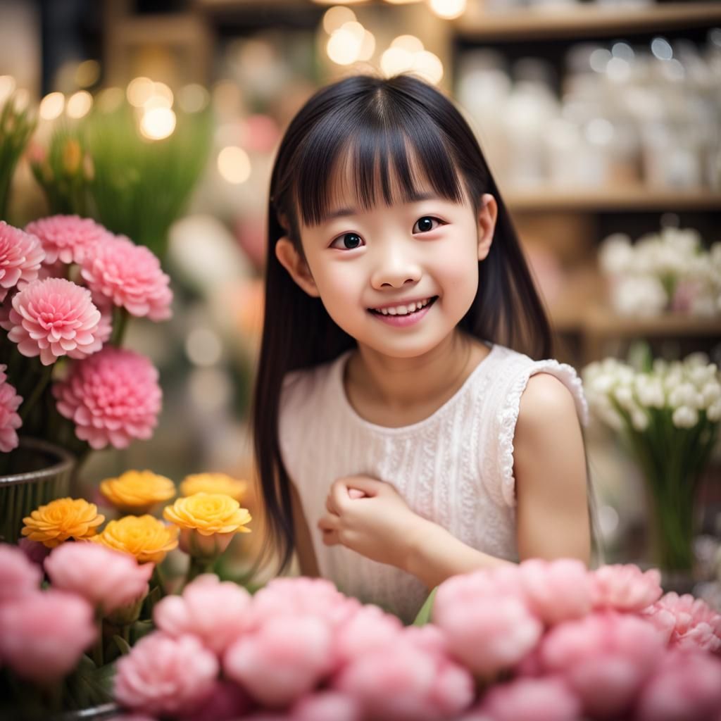 Cute Chinese Girl Smiling in Flower Shop