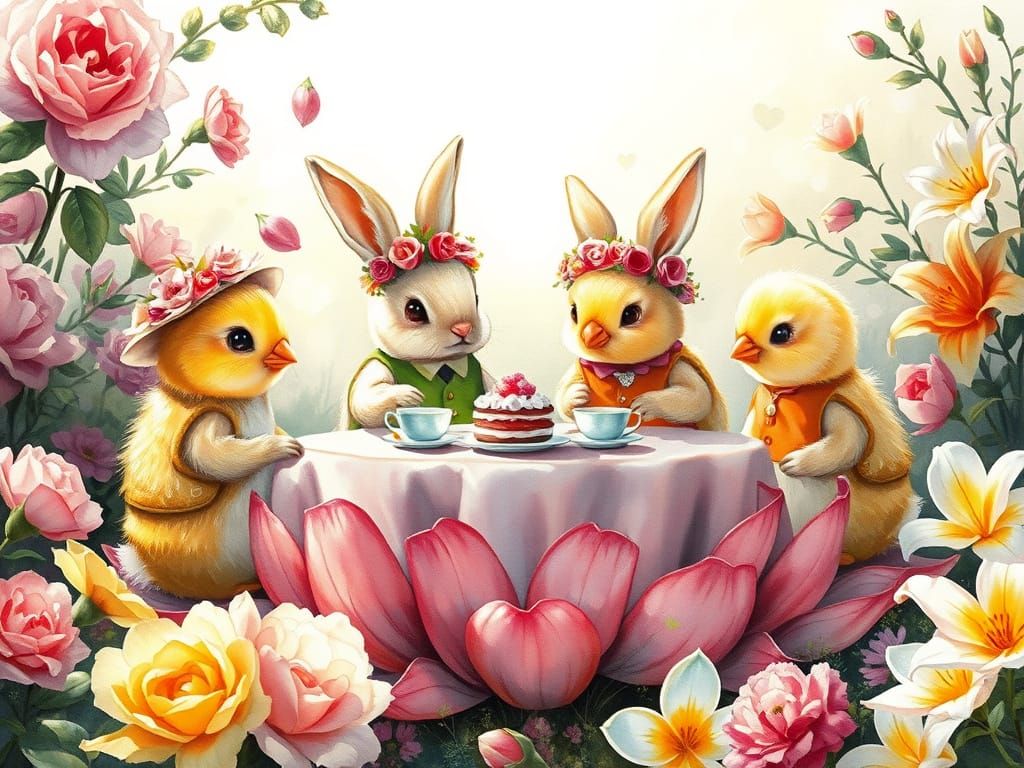 Fairy Garden Tea Party: Bunnies and Chicks in Gouache