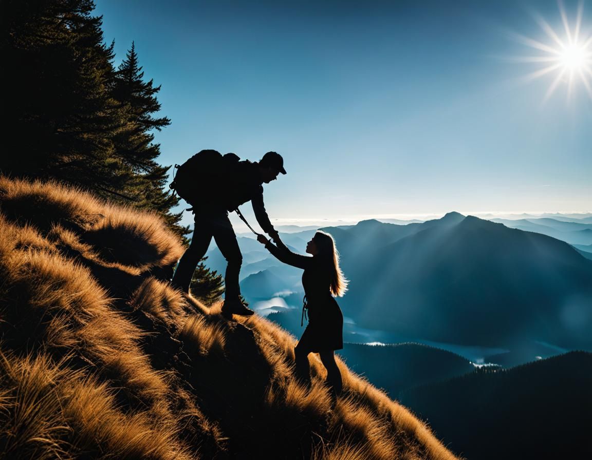 Empowering Mountain Climb: Silhouette of Support