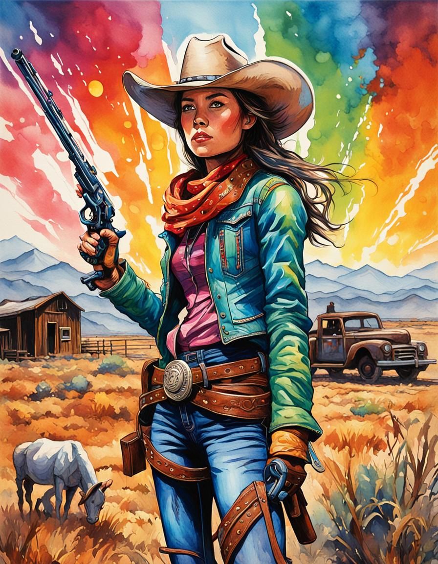 Cowgirl Gunslinger in Wild West, Comic Book Art