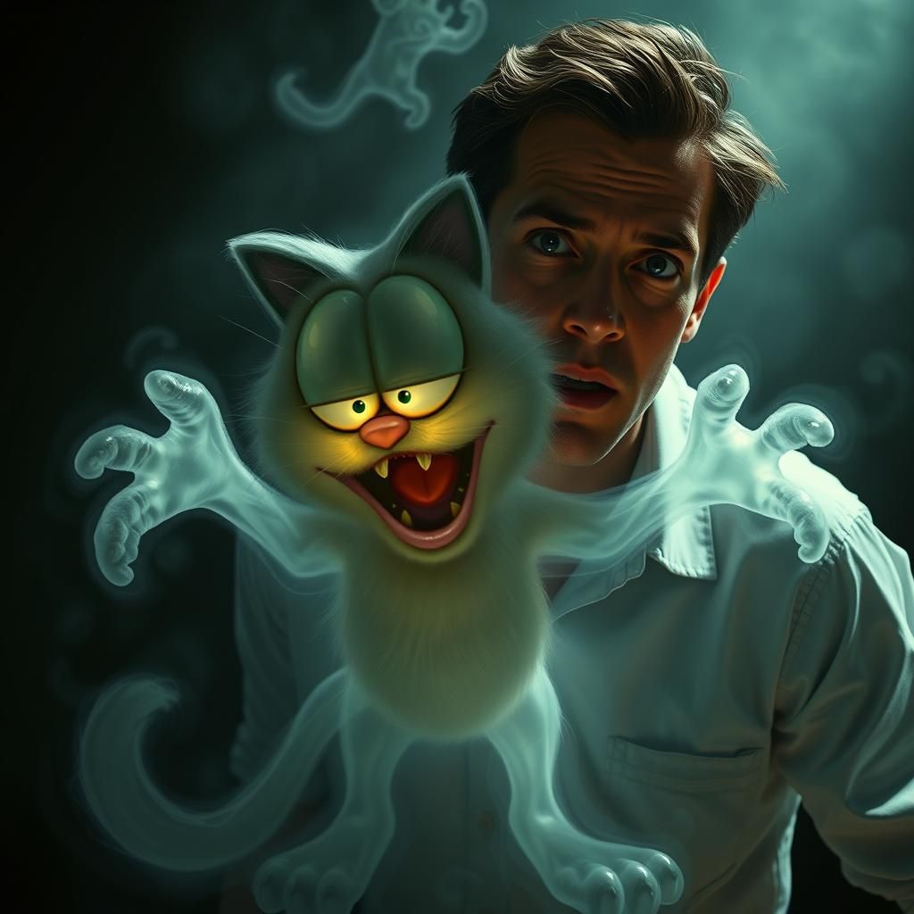 Haunting Ghost Cat Garfield Devouring Owner in Horror Scene