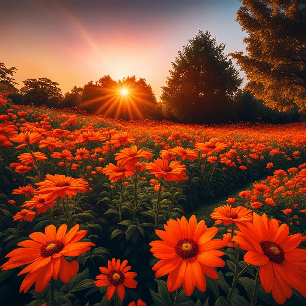 Vivid Orange Flower Garden at Sunset