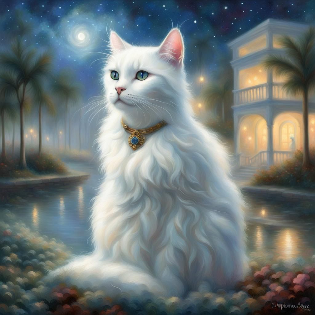 White Cat in Miami Under Starry Ethereal Sky