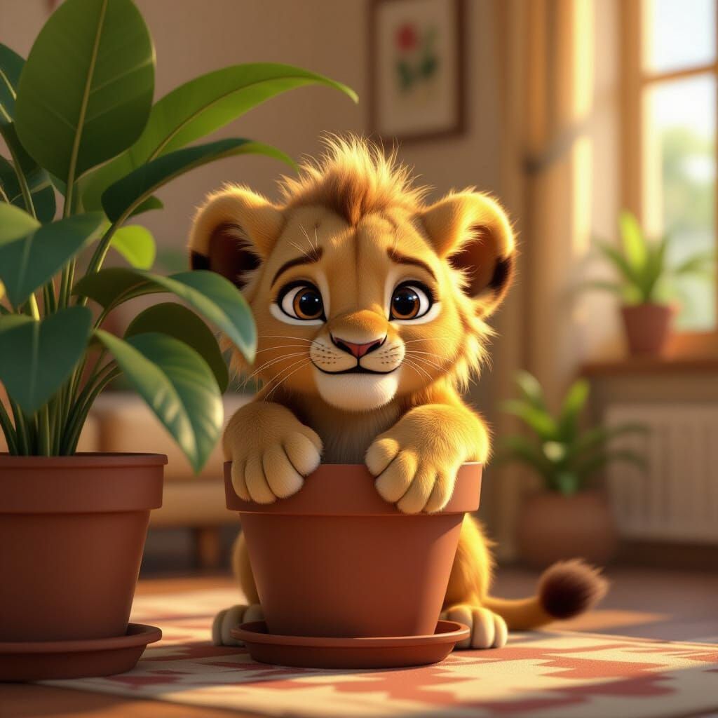 Fluffy Lion Cub Peeking from Plant in Pixar Style