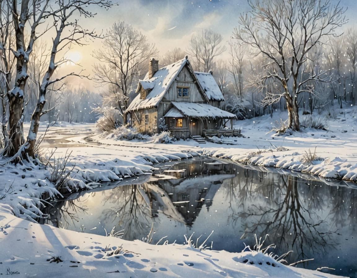 Iced River in Winter Landscape: Watercolor Painting