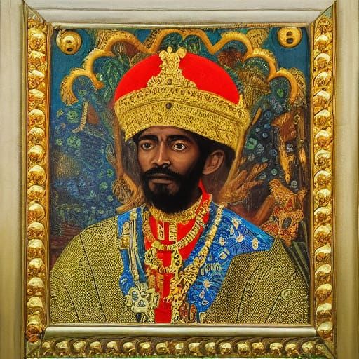 Haile Selassie I in Ethiopian Regalia with Intricate Gold Em...