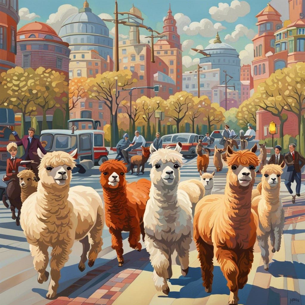 Colorful Alpacas in a Bustling Cityscape