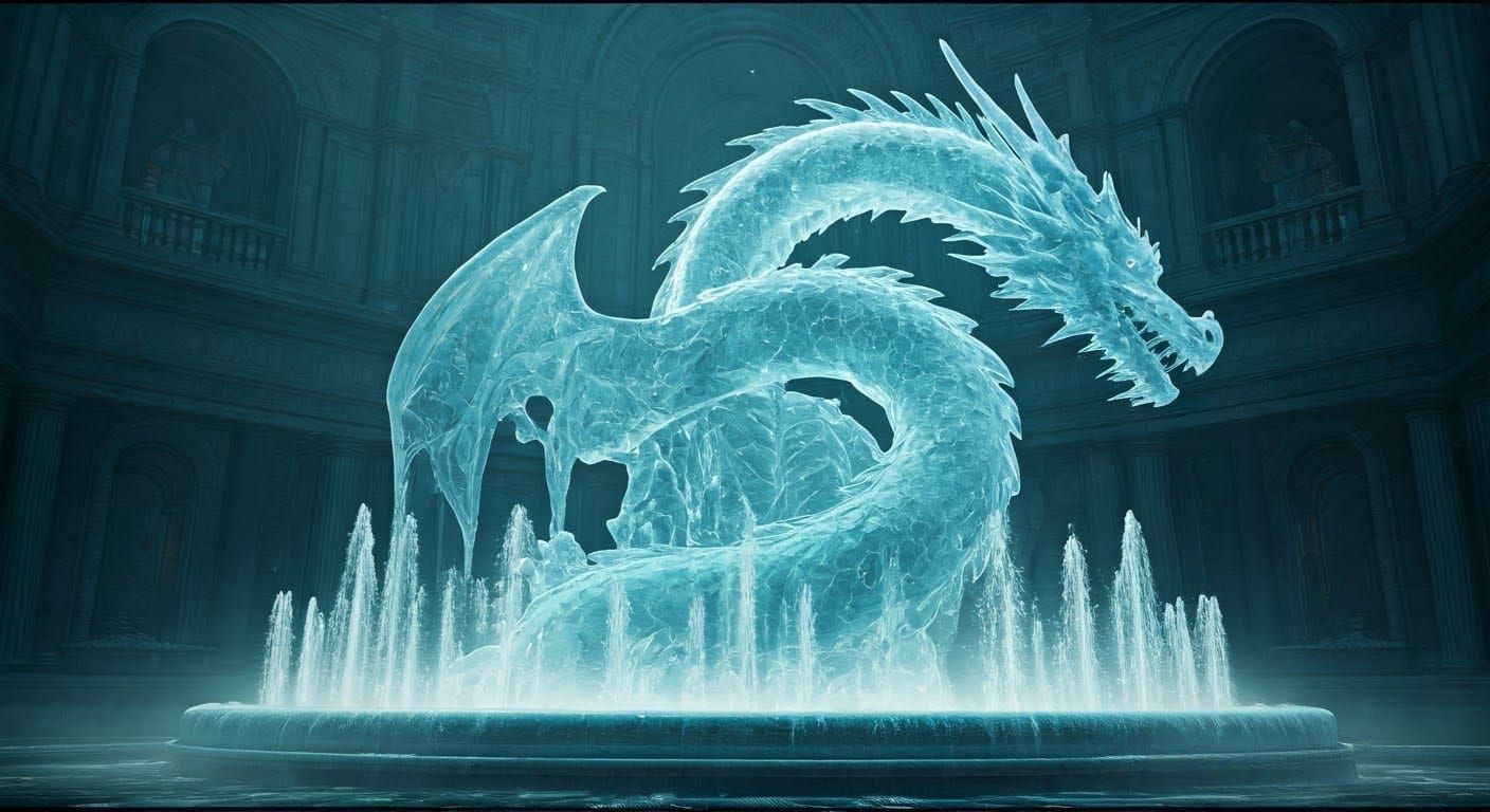 Ethereal Baroque Dragon Ice Sculpture in Water Fountain