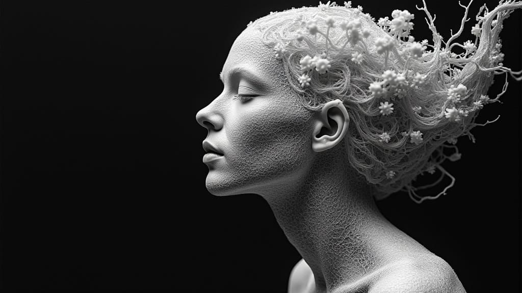 Surreal Woman Woven from Cobwebs in Black and White