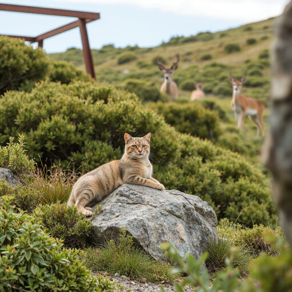 Wildlife Scene with Cat and Deer