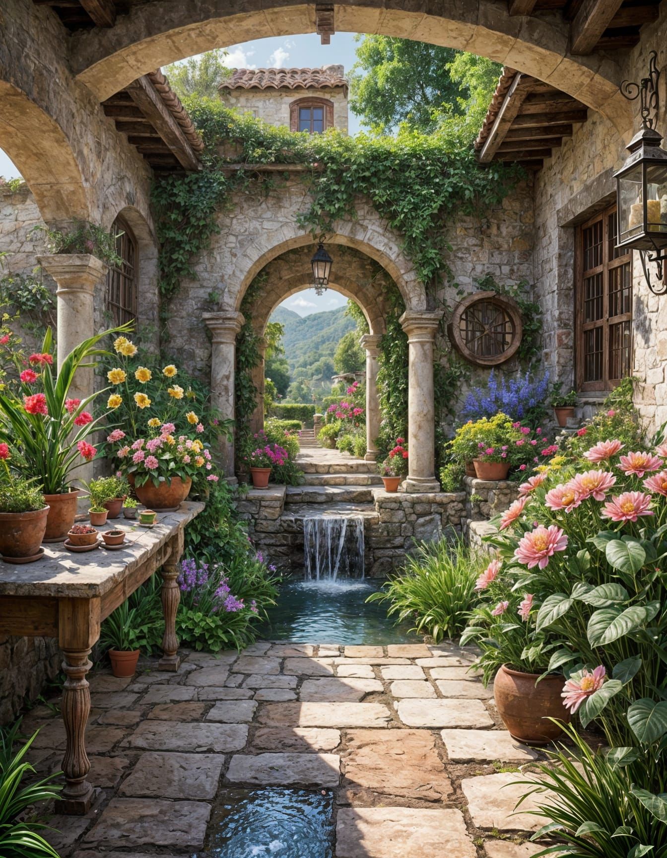 Intricate Old House Surrounded by Flowers and Water