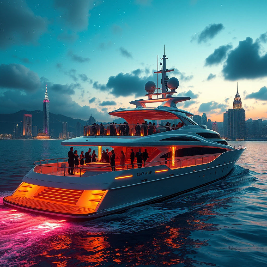 Luxury Yacht Party Under Starry Cyberpunk Cityscape