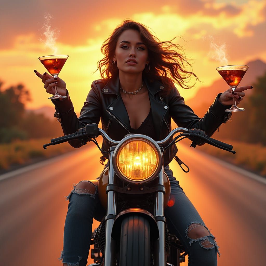 Rebellious Woman Rides Vintage Motorbike into Glowing Sunset