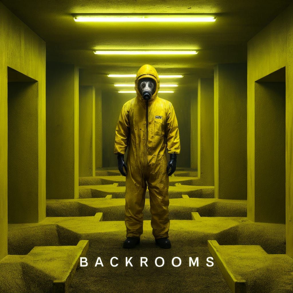 Backrooms Movie Poster: Hazmat Suit in Liminal Space