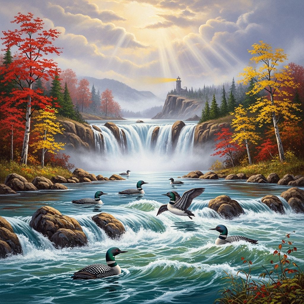 Loons in Autumn River Landscape With Lighthouse