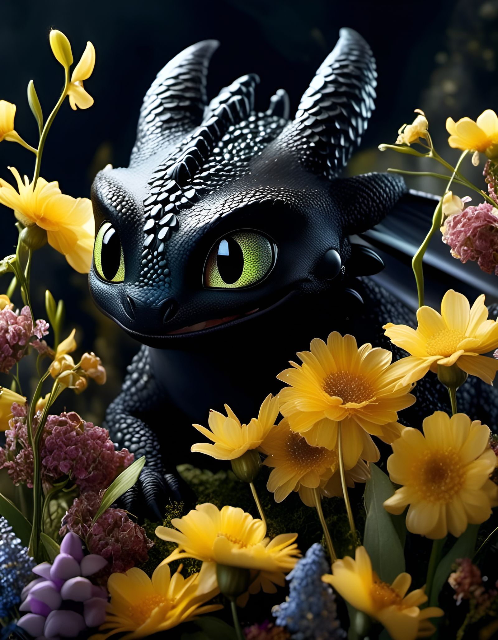 Close-Up of Toothless Surrounded by Flowers