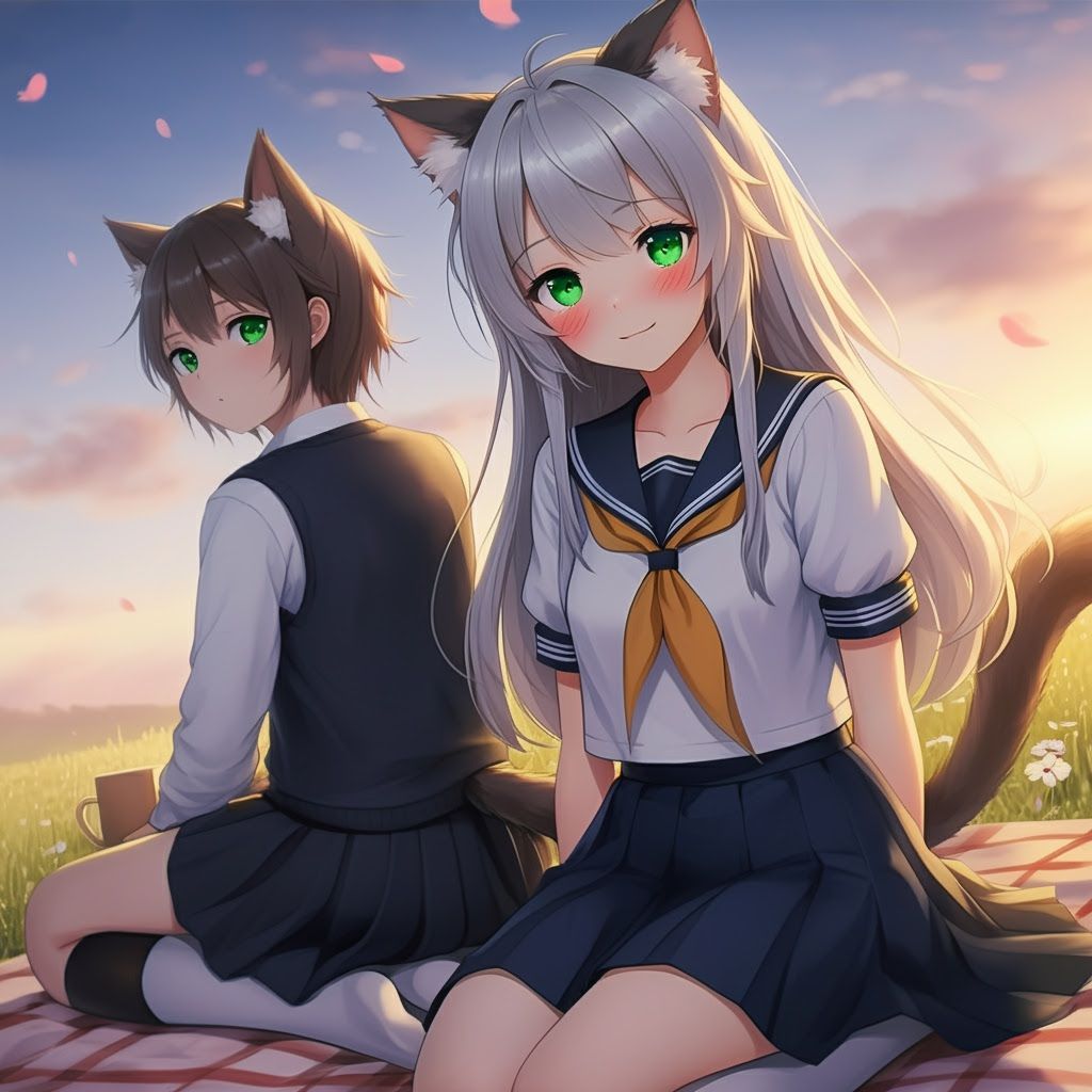 Anime Cat Girl in Sunset Meadow Picnic