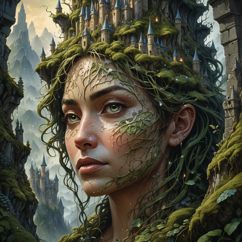 Mountain Woman Portrait with Castles, Concept Art