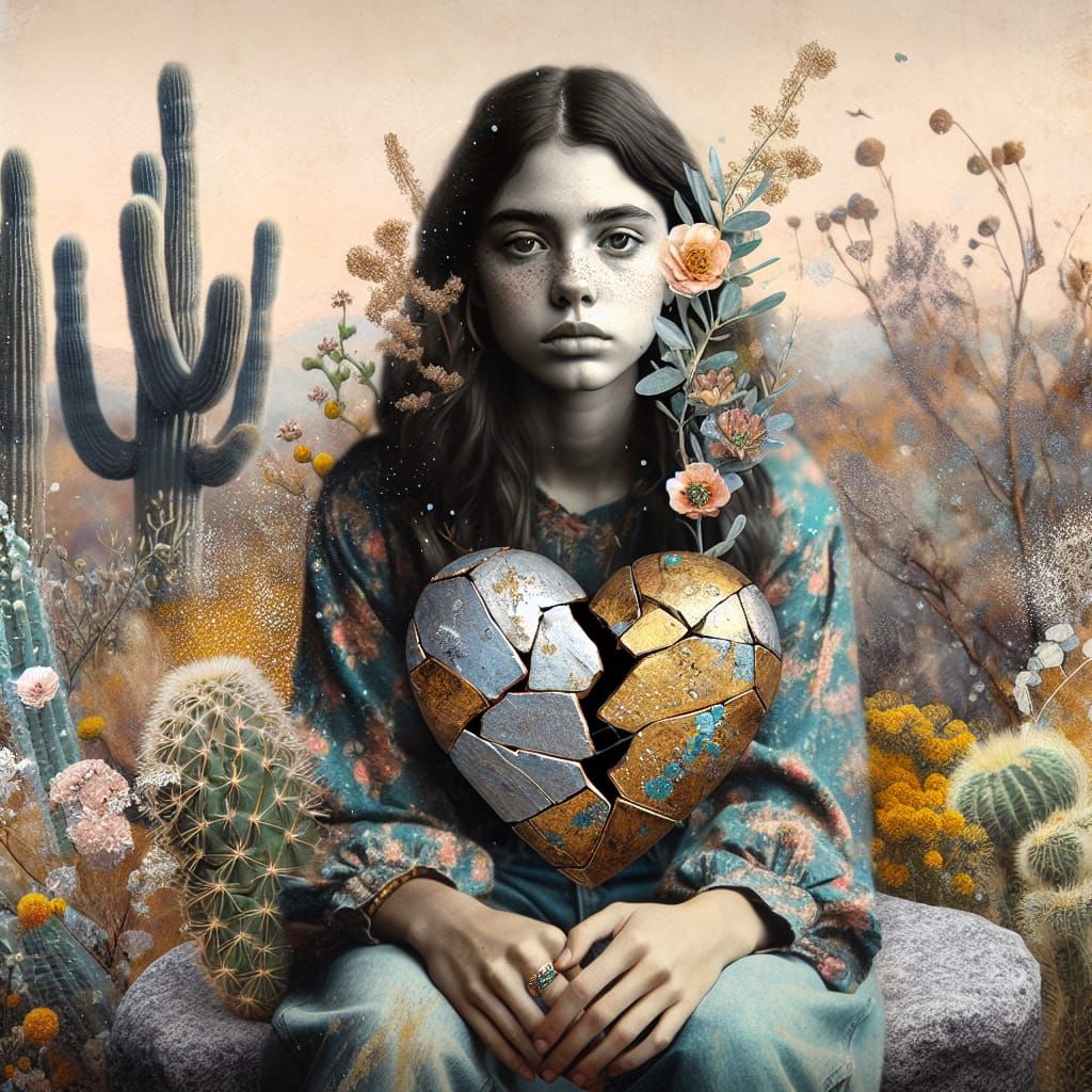 Melancholic Woman with Fractured Heart in Surrealist Landsca...