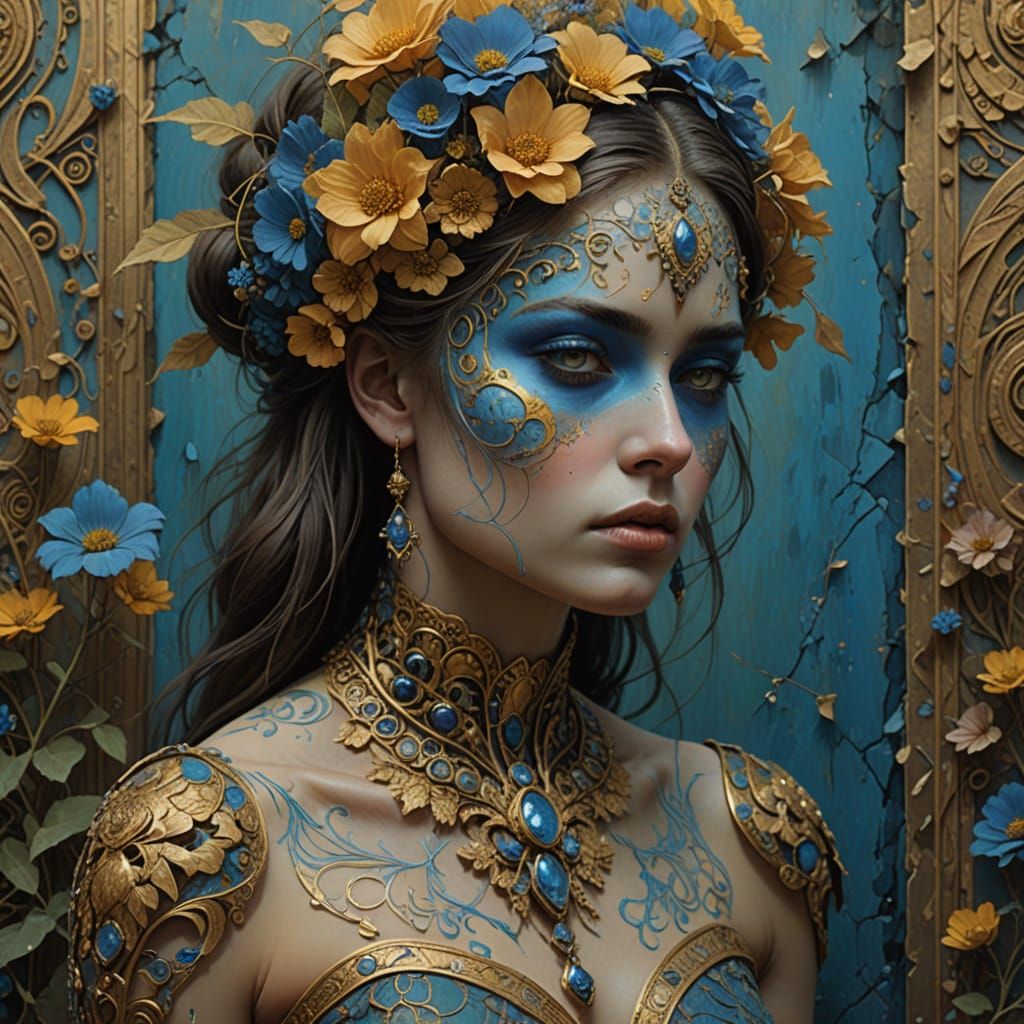 Woman Painted as Antique Wall with Flowers and Gold