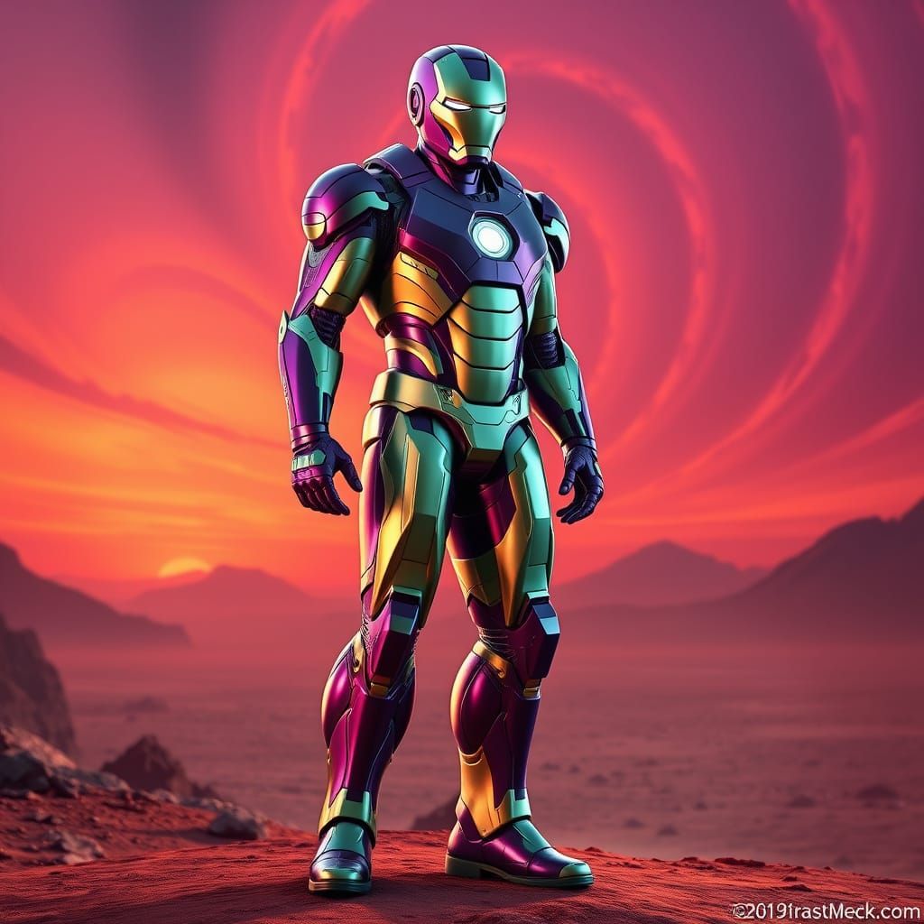 Heroic Iron Man in Cyberpunk Latex Armor Stands Tall on Mars