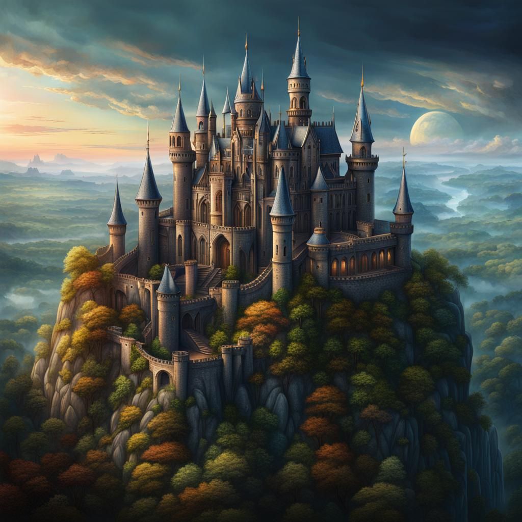 Gothic Castle Aerial View in Colored Pencil