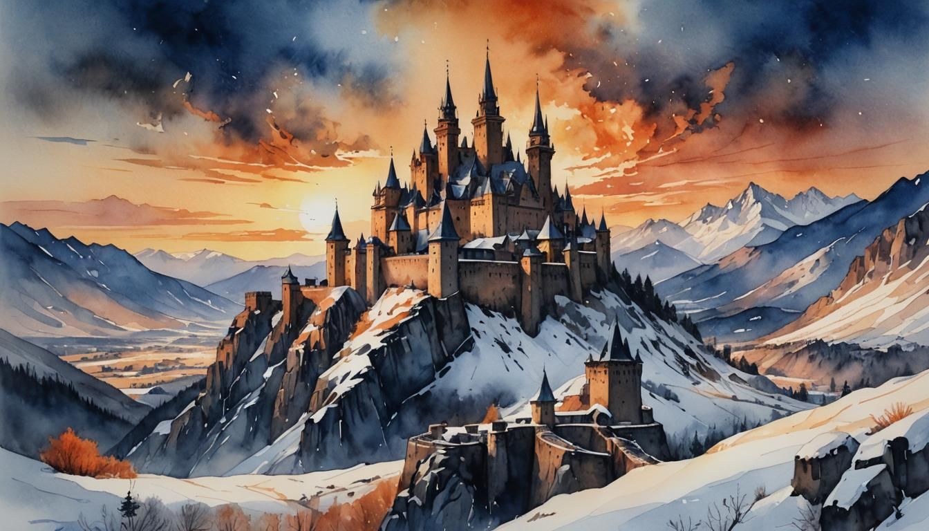 Mountain Fortress at Sunset in Watercolor Style