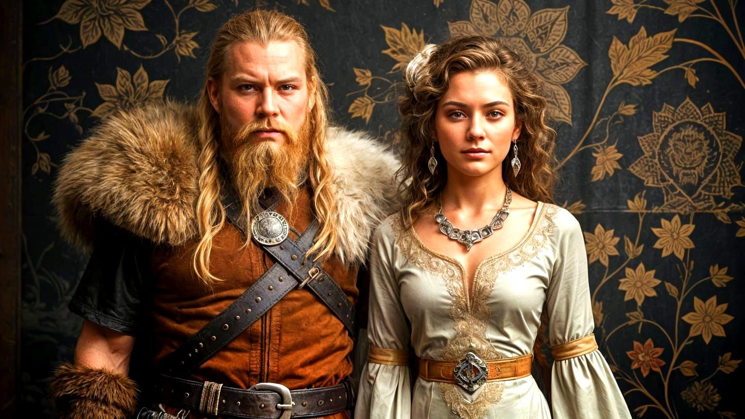 Viking Warrior and Floral Woman in Photorealistic Style