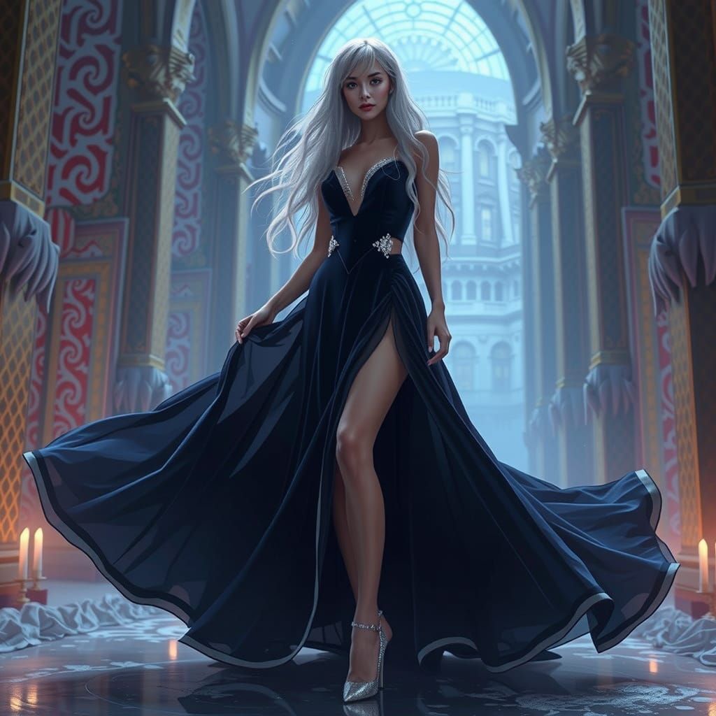 Elegant Woman in Art Deco Evening Gown with Diamond Jewelry