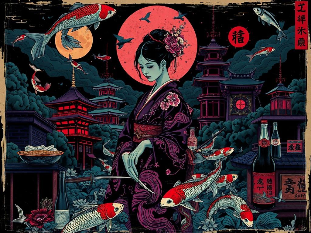 Noir Japanese Scene with Kimono Woman and Mystic Symbols