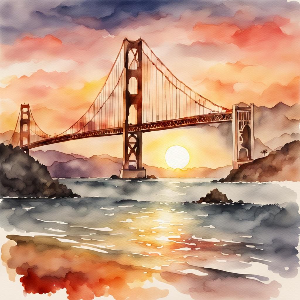 Golden Gate Bridge Sunset in Watercolor Style