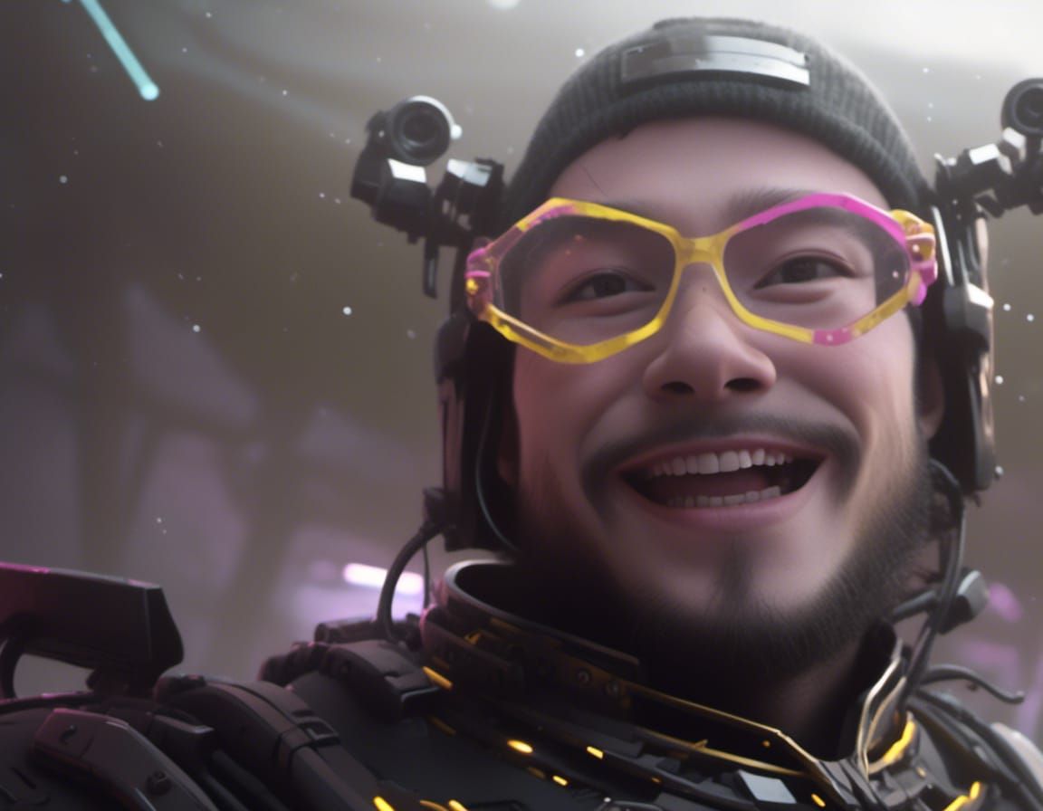 Cyberpunk Man with Sardonic Grin in Dim Lighting