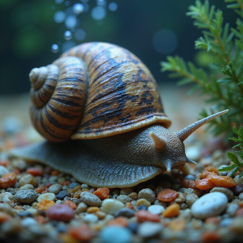 Aquatic Snail with Ornate Shell in Colorful Aquarium