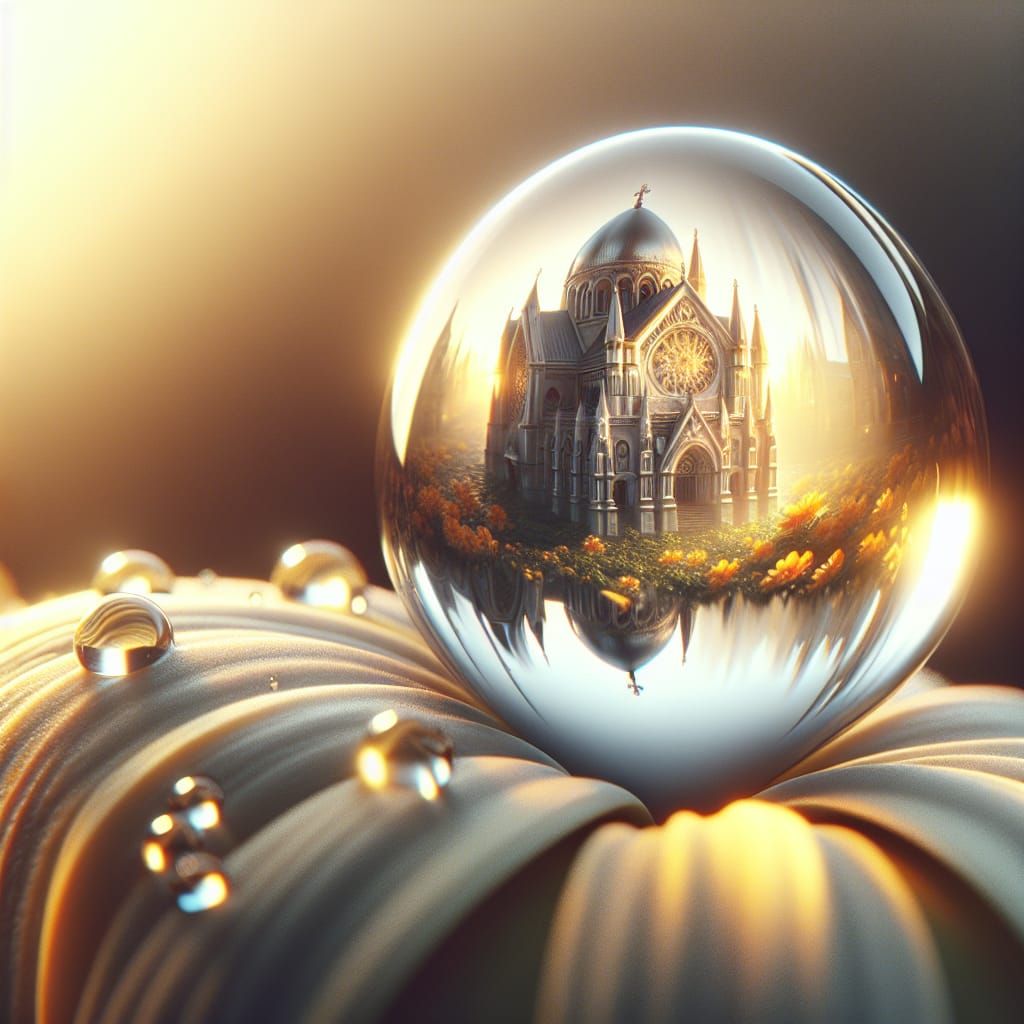 Ornate Church Reflection in Dewdrop: Photorealistic CGI