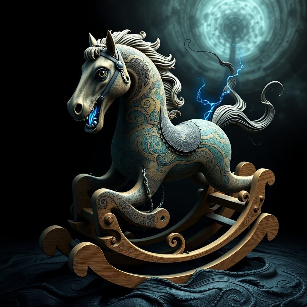 Surreal Rocking Horse with Twisted Body in Fractal Patterns