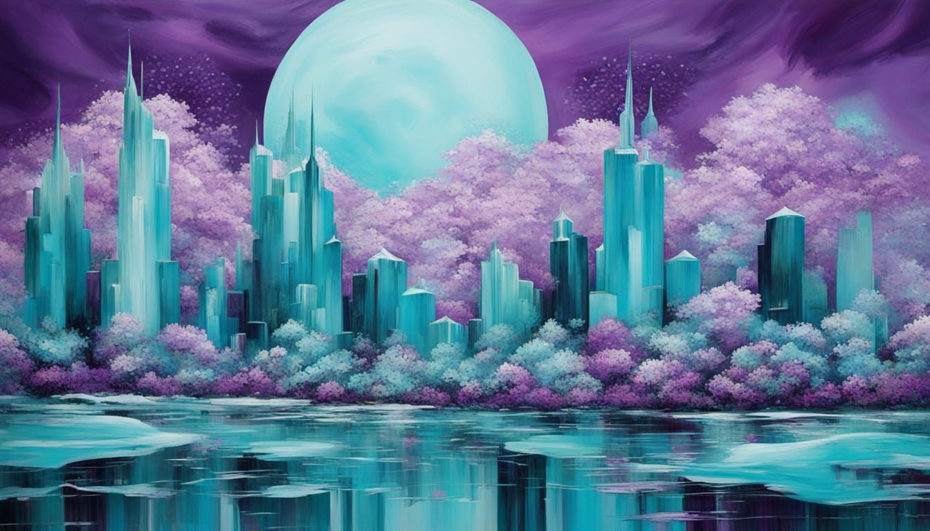 Surreal Floral Cityscape in Arctic Purple and Turquoise